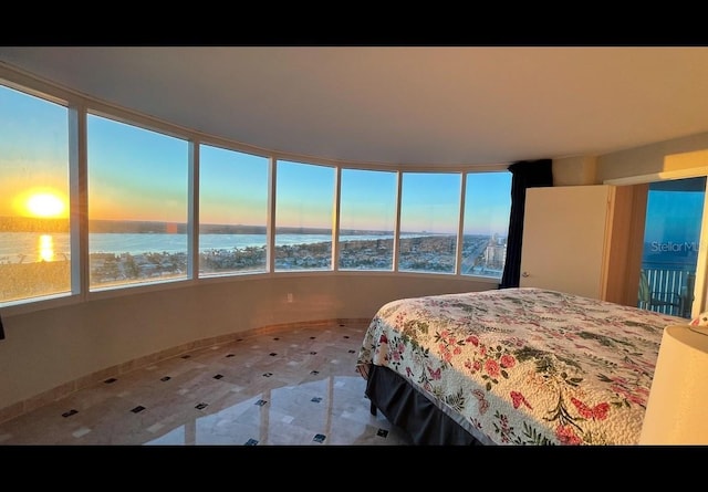 bedroom featuring a water view