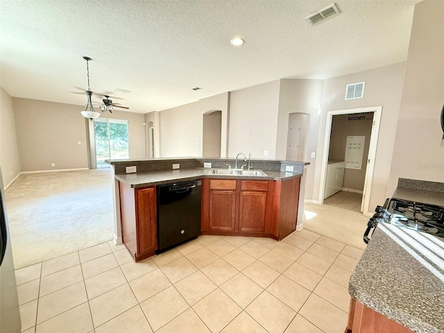 kitchen featuring ceiling fan, a kitchen island with sink, dishwasher, sink, and light colored carpet