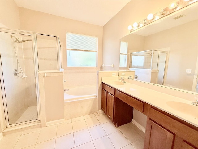 bathroom with vanity, separate shower and tub, and tile patterned flooring