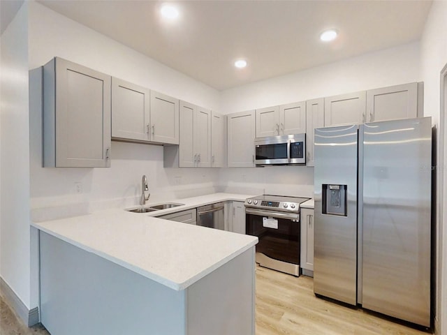 kitchen featuring gray cabinetry, appliances with stainless steel finishes, sink, kitchen peninsula, and light hardwood / wood-style floors