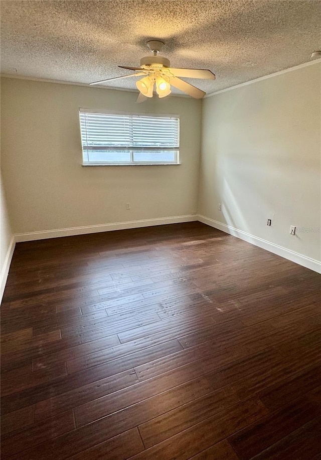 unfurnished room with ceiling fan, a textured ceiling, and dark hardwood / wood-style flooring