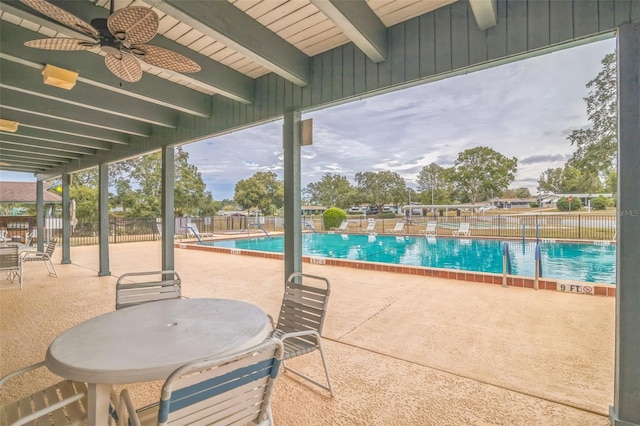 view of pool featuring ceiling fan and a patio area