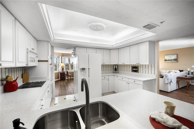 kitchen featuring white cabinets, dark hardwood / wood-style floors, white appliances, and a tray ceiling