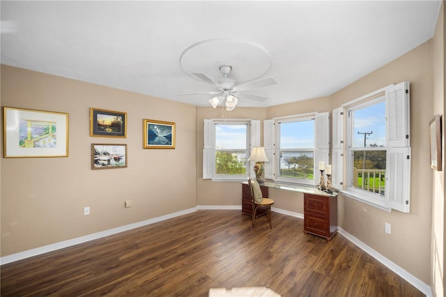 unfurnished office featuring ceiling fan and dark hardwood / wood-style flooring