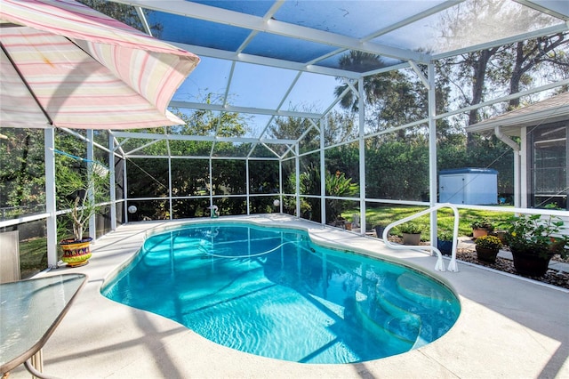 view of pool with a storage unit, a patio area, and a lanai