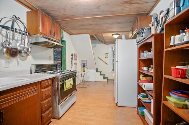 kitchen featuring light hardwood / wood-style flooring, wood ceiling, and white appliances