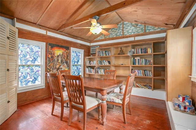 dining room featuring a wall mounted air conditioner, wood ceiling, ceiling fan, and vaulted ceiling