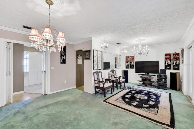 carpeted living room featuring ornamental molding and a textured ceiling