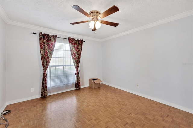 unfurnished room with parquet floors, a textured ceiling, and ceiling fan