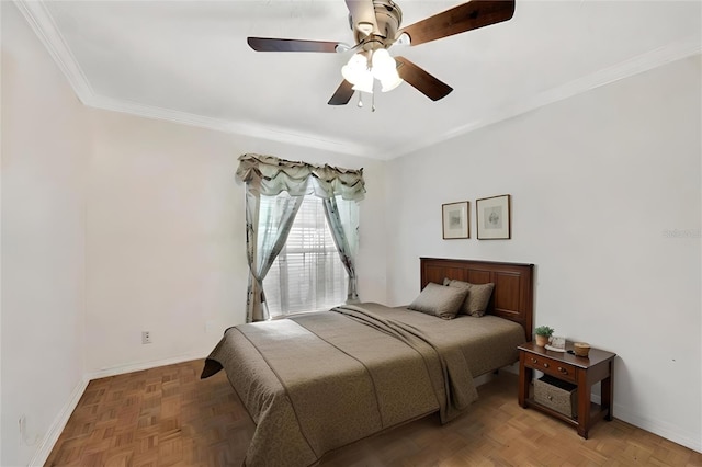 bedroom with ornamental molding, parquet floors, and ceiling fan