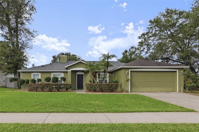 single story home featuring a front yard and a garage