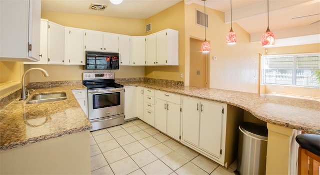 kitchen featuring sink, electric range, kitchen peninsula, and pendant lighting