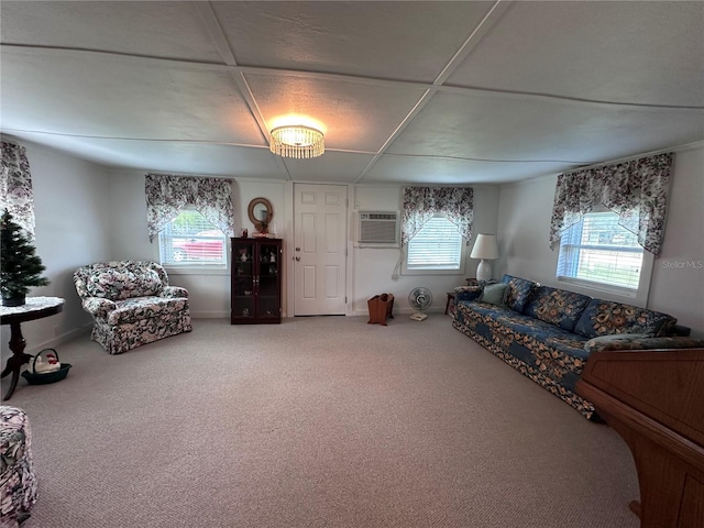 living room with carpet flooring and a wall mounted air conditioner