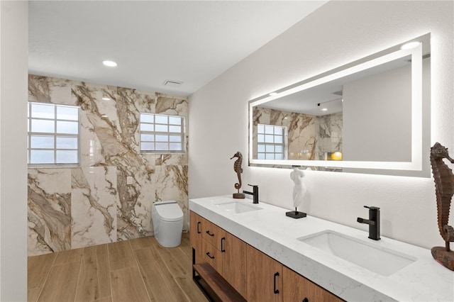 bathroom with vanity, hardwood / wood-style floors, toilet, and plenty of natural light