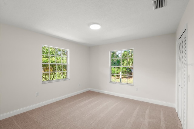 unfurnished bedroom with a textured ceiling, light carpet, multiple windows, and a closet