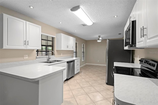 kitchen with stainless steel appliances, white cabinetry, sink, and kitchen peninsula