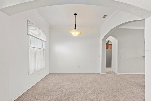 empty room featuring light carpet, ornamental molding, and a healthy amount of sunlight