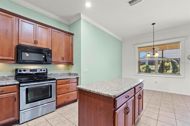 kitchen with a center island, an inviting chandelier, stainless steel electric range oven, ornamental molding, and light tile patterned flooring