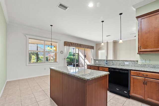 kitchen with dishwasher, light stone countertops, hanging light fixtures, and sink