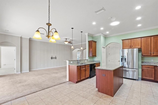 kitchen with ceiling fan with notable chandelier, stainless steel refrigerator with ice dispenser, decorative light fixtures, light colored carpet, and kitchen peninsula