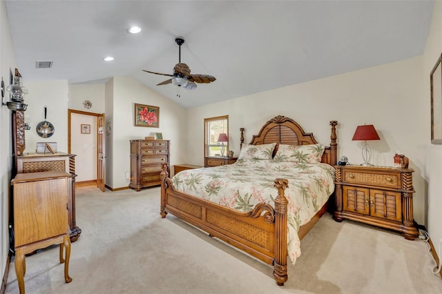 bedroom featuring ceiling fan, light carpet, and lofted ceiling