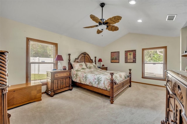 bedroom with light carpet, baseboards, visible vents, lofted ceiling, and ceiling fan