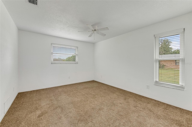 empty room featuring a wealth of natural light, ceiling fan, a textured ceiling, and carpet flooring