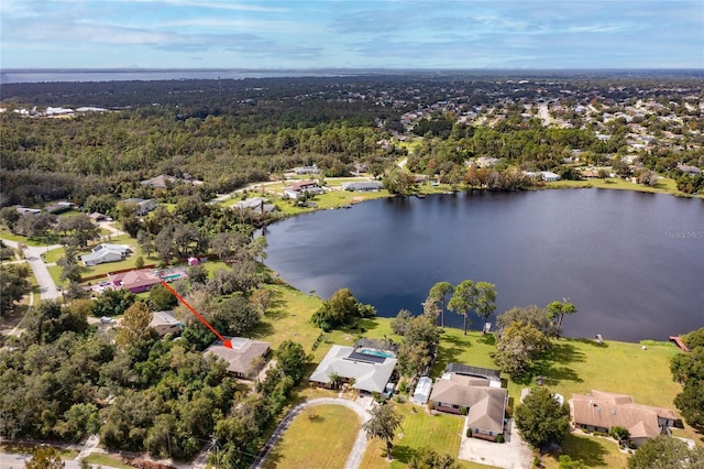 drone / aerial view featuring a water view