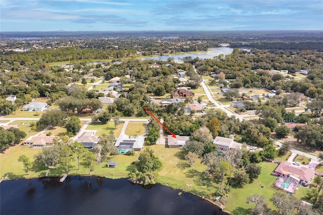 aerial view featuring a water view