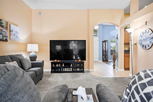 living room featuring light carpet