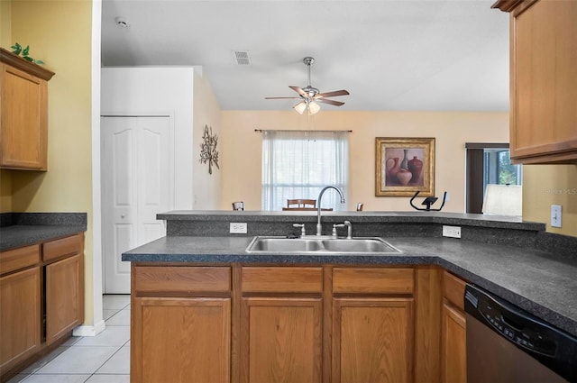 kitchen with sink, dishwasher, kitchen peninsula, and light tile patterned floors