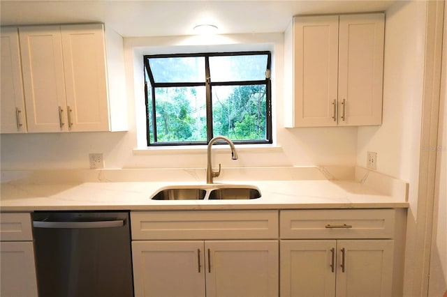 kitchen featuring sink, dishwasher, white cabinets, and light stone counters