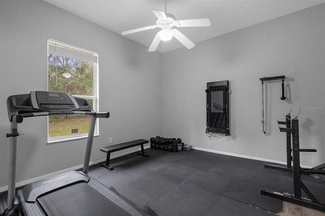 workout room featuring ceiling fan