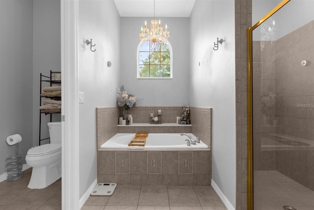 bathroom featuring independent shower and bath, a chandelier, tile patterned floors, and toilet