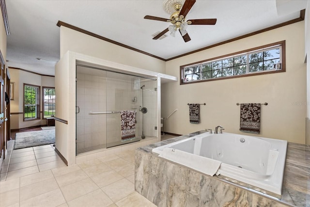 bathroom with ceiling fan, tile patterned floors, ornamental molding, and shower with separate bathtub