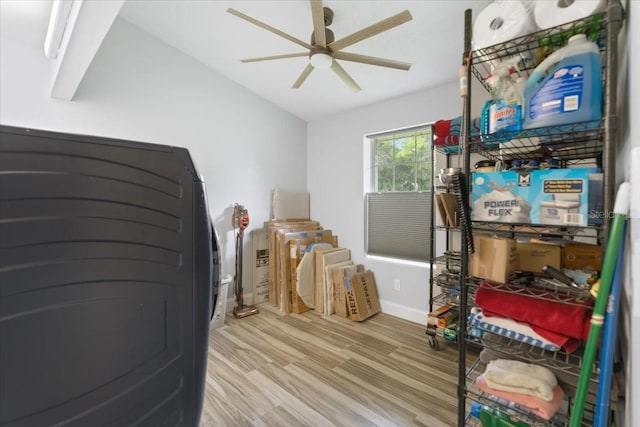 storage area featuring ceiling fan