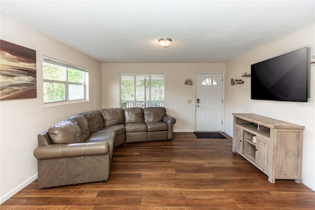 living room featuring dark wood-type flooring and a textured ceiling