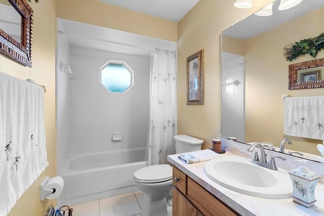 full bathroom with toilet, shower / bath combo, vanity, and tile patterned flooring