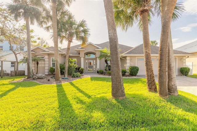 view of front of home featuring a garage and a front lawn