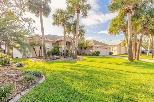 view of front of property with a front yard and a garage