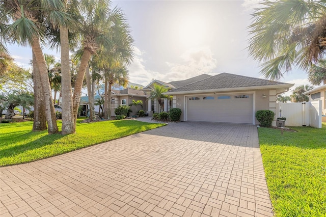 view of front of home featuring a garage and a front lawn