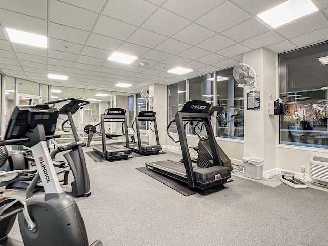 exercise room with carpet floors and a drop ceiling