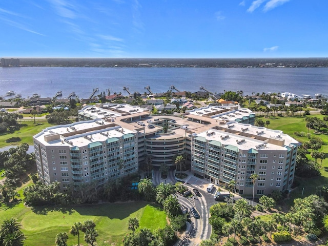 drone / aerial view with a water view