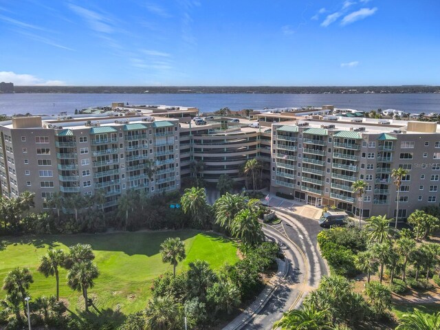 aerial view featuring a water view