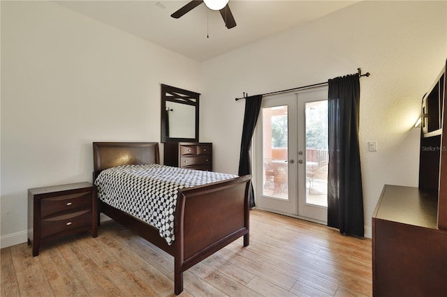 bedroom with french doors, access to outside, light hardwood / wood-style floors, and ceiling fan