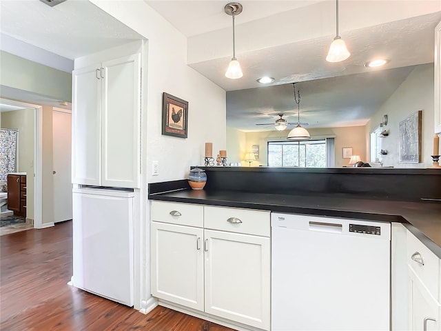 600 N Boundary Ave Unit 106D, Deland, FL 32720 - kitchen featuring white dishwasher, dark countertops, dark wood-style floors, and ceiling fan