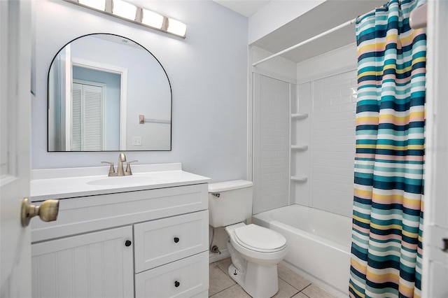 full bathroom with tile patterned floors, shower / bath combination with curtain, toilet, and vanity