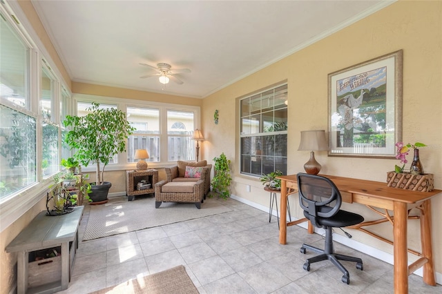 office space featuring ceiling fan, light tile patterned floors, and crown molding