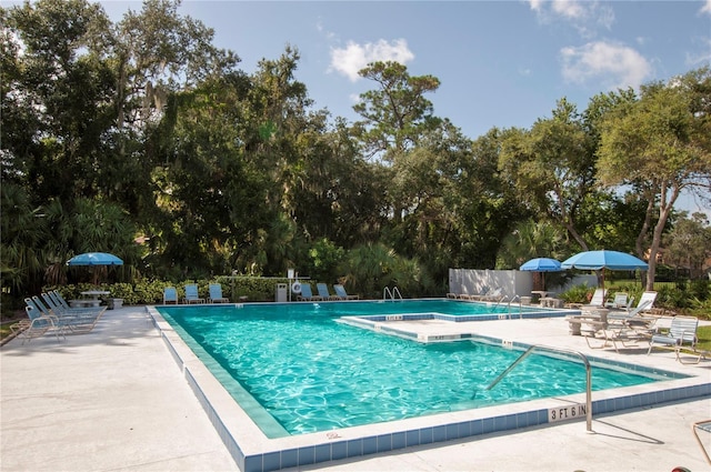 view of swimming pool with a patio area