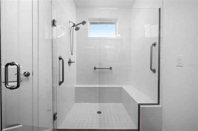 bathroom featuring a shower with door